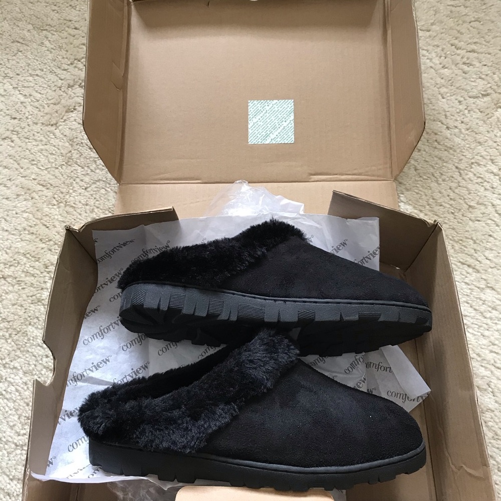 ComfortView Black Women's Slipper Sandy Fur Clogs Shoes NEW